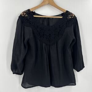 Poetry Peasant Blouse Womens Size S Black Crochet Lace Yoke Bohemian Boho